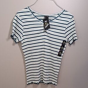 Art Class Women's Short Sleeve Top - Navy and White Stripes